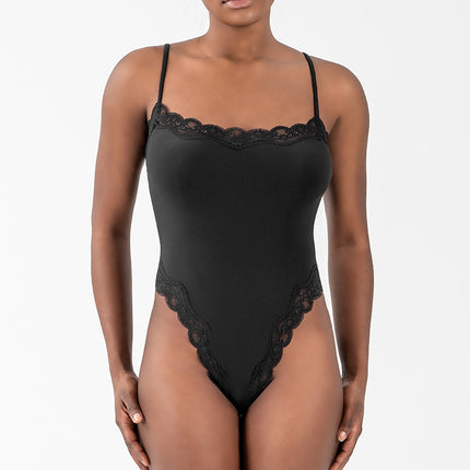 Sexy Pure Lust Style Lace Trim Bodysuit for Women, Skin-Friendly Nude Feel Inner Wear with Straps, Double-Layer Shapewear, European and American Style