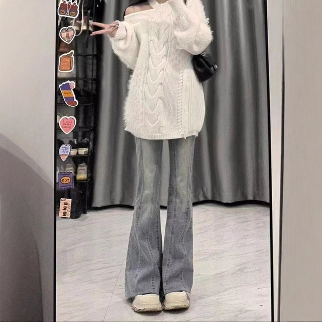 Light-Colored Flared Jeans for Pear-Shaped Women, Spring Plus-Size High-Waisted Slimming Raw Hem Bell-Bottom Pants