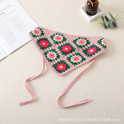 Hot Girl Internet Celebrant Photo Flower French Style Triangle Scarf Headscarf Women's Cute Knitted Hair Band Silk Scarf High-grade Headwear Summer