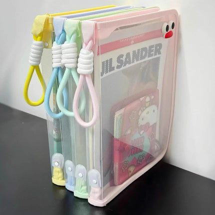 Macaron Transparent A4 File Bag with Large Capacity for Textbooks, Zippered Student Portable Thickened Waterproof Storage Bag