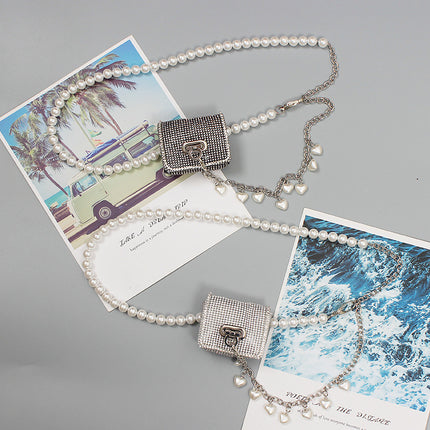 New European and American shiny rhinestone Pearl Mini small waist bag versatile fashion messenger bag change key belt for women