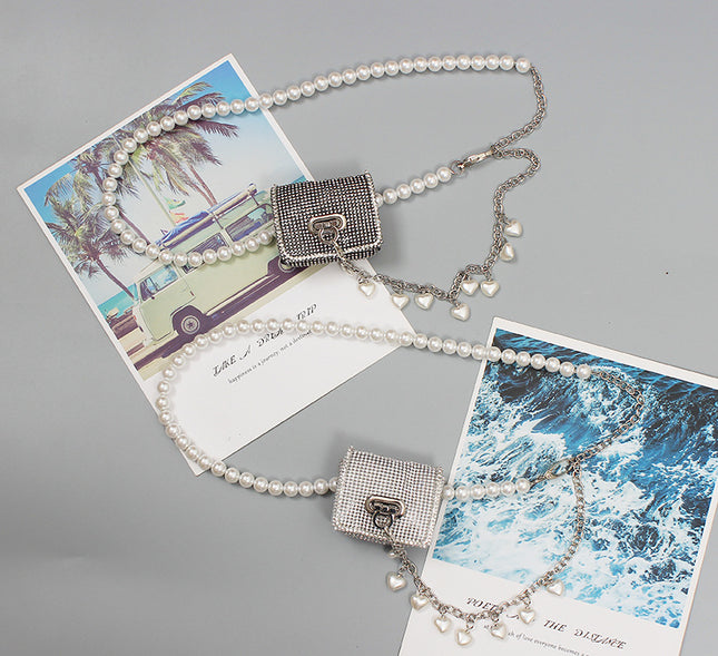 New European and American shiny rhinestone Pearl Mini small waist bag versatile fashion messenger bag change key belt for women