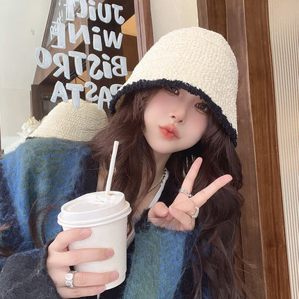 Color-Blocked Bucket Hat for Women, Trendy Knitted Hat, Spring and Autumn Korean Style, Versatile, Face-Slimming, Face-Covering Fisherman Hat