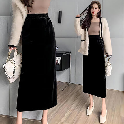 Velvet Skirt Side Open Back Split Skirt Women's Thickened Autumn and Winter 2024 New Mid-length High Waist Black Straight Skirt