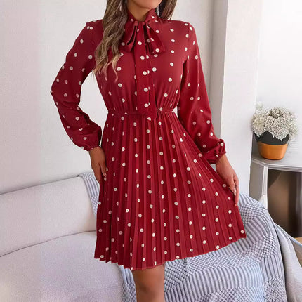 Real Shot of 2026 Spring/Summer European and American Style Polka Dot Tie-Waist Long-Sleeve Pleated Dress Amazon Cross-Border Women's Fashion