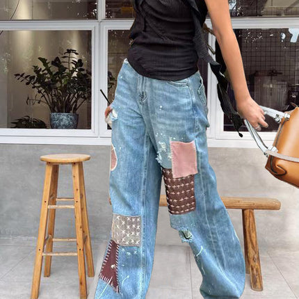 American High Street Design Splatter Print Jeans for Women, New Summer Style, Slimming Ripped Patchwork Floor-Length Pants