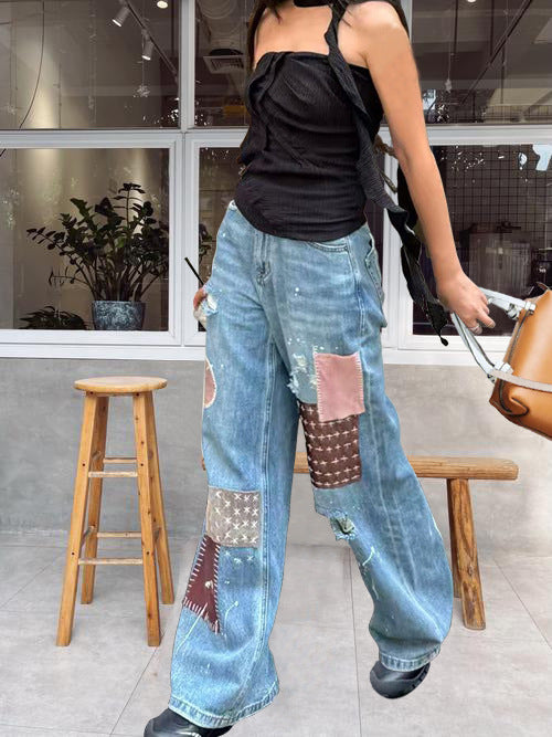 American High Street Design Splatter Print Jeans for Women, New Summer Style, Slimming Ripped Patchwork Floor-Length Pants