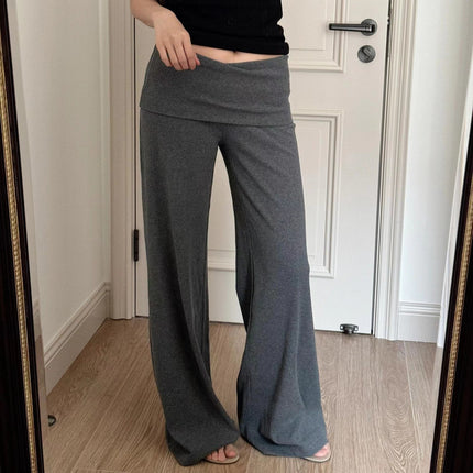 Unique Ra* Walking Foldable Waistband Knit Loose Flared Skirt Pants for Women Summer Drape Floor-Length Casual Trousers
