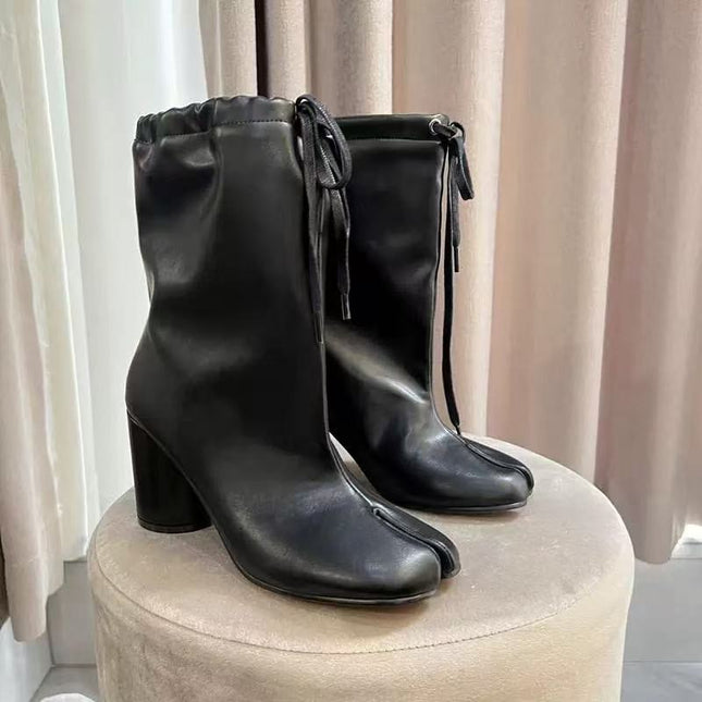2025 Autumn and Winter New Arrival Wide Pig's Trotter Boots Lace-up Thick Heel-split Boots Women's Knight Drawstring Super Soft Leather Horseshoe Ankle Boots