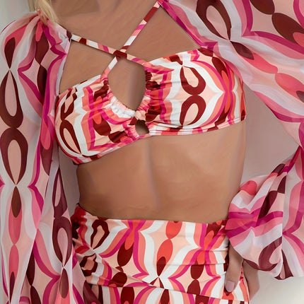 New European and American Amazon Cross-Border Sexy Bikini Swimsuit for Women with Printed Long Sleeves, Two-Piece Beach Swimwear Set