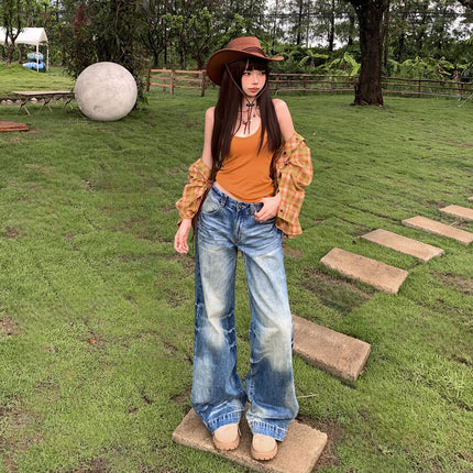 Vintage Washed Gradient Wide-Leg Jeans for Women 2025 Autumn New High-Waisted Loose Slimming Straight-Leg Floor-Length Pants