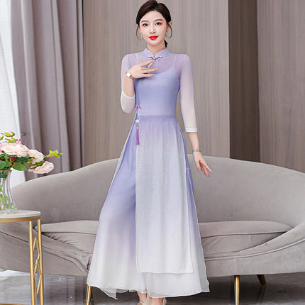 Classical dance gradient color cheongsam Chinese style dance body rhyme gauze clothing folk dance performance clothing practice clothing dress