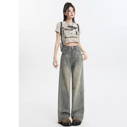 Nostalgic Retro Wide Leg Jeans Women's Trendy All-match New High Waist Slimming Loose Straight Rapped Mop Pants
