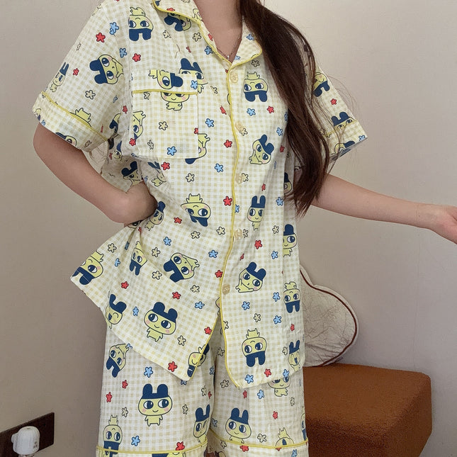 Cute Tamagotchi Pajamas for Women, Summer Short-Sleeve Shorts, Thin Cotton Cartoon Japanese-Style Plaid Loungewear