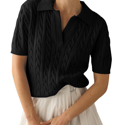 2025 Export Amazon European and American Clothing Polo Collar Short-Sleeved Knitwear Women's Casual Pure Color Cable Knitted Knitwear