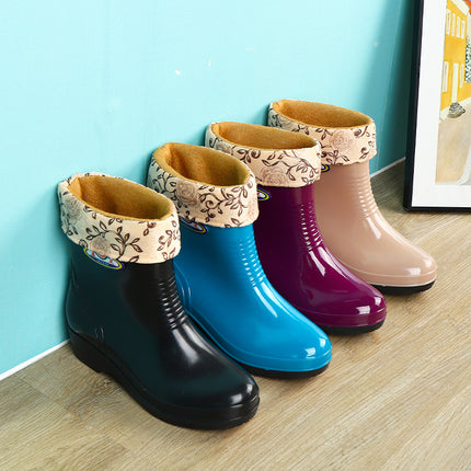 2026 Waterproof Kitchen Work Women's Rain Boots Winter Non-Slip Mid-Calf Thickened Wear-Resistant Fleece-Lined Rain Shoes