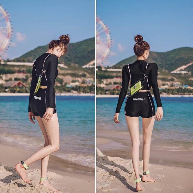 Sports Swimsuit Women's Summer Conservative Student Belly Covering Slimming with Chest Pad Long Sleeve Sun Protection Quick-drying Split Boxer Swimsuit