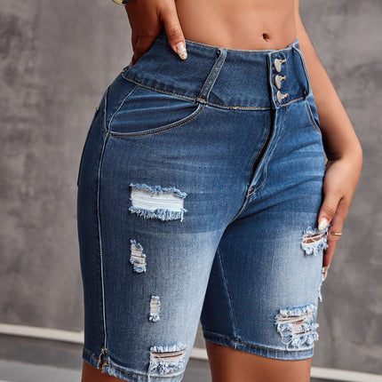 European and American Aliexpress Independent Station Women's Pocket Ripped Tight Casual Versatile Denim Shorts