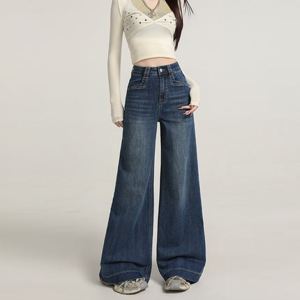 Raccoon House # Vintage Washed Blue Jeans for Women Fashion European and American Style High Waist Loose Flared Floor-Length Wide-Leg Pants