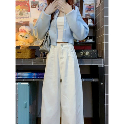 Autumn New Fashion Short Blue Knitted Cardigan Wide Leg Pants Lazy Style Two-piece Suit for Women