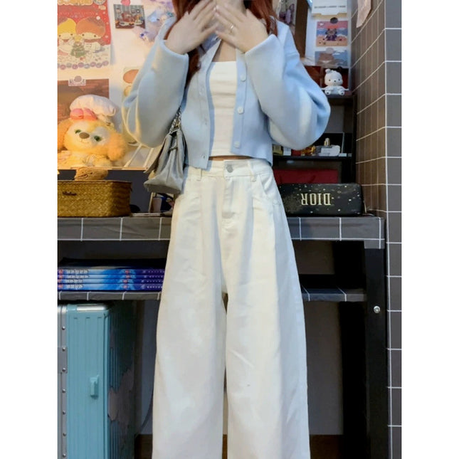 Autumn New Fashion Short Blue Knitted Cardigan Wide Leg Pants Lazy Style Two-piece Suit for Women