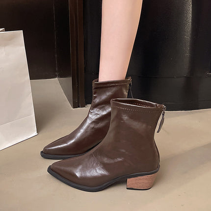 Pointed Toe Short Boots for Women New 2025 Autumn and Winter Women's Boots Medium Heel Short Boots Niche Design Slim Boots Thick Heel Leather Boots
