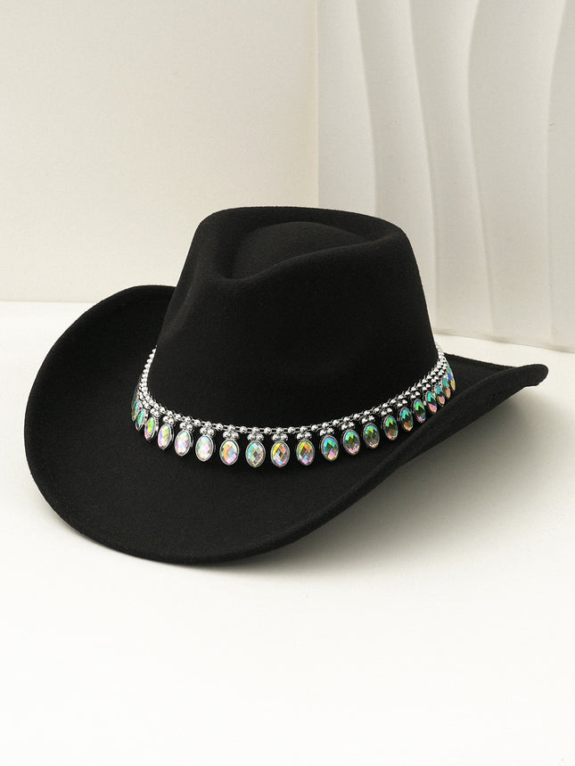 Cross-Border European and American Style Popular Tassel Horse Eye Code Chain Green Agate Diamond Claw Hat Chain Top Hat Cowboy Hat Felt Hat Gemstone