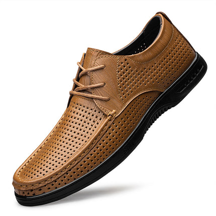 Cross-Border Business Leather Shoes, Genuine Leather Formal Casual Shoes, Spring and Summer Low-Cut Hollow Breathable Leather Flats Shoes for Men