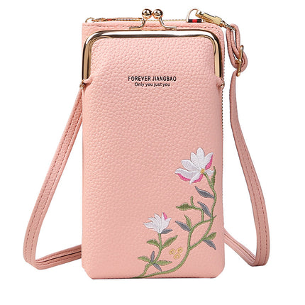 Manufacturer's Supply 2024 New Women's Mobile Phone Bag Korean Style Fashionable Pebbled Pattern Pure Color Embroidered Cross-Body Shoulder Bag