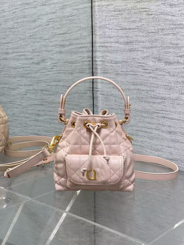 D's Caro Bucket Bag Micro Lambskin Fortune Bucket Rattan Pattern Soft Genuine Leather Women's Bag Fashionable Women's School Bag