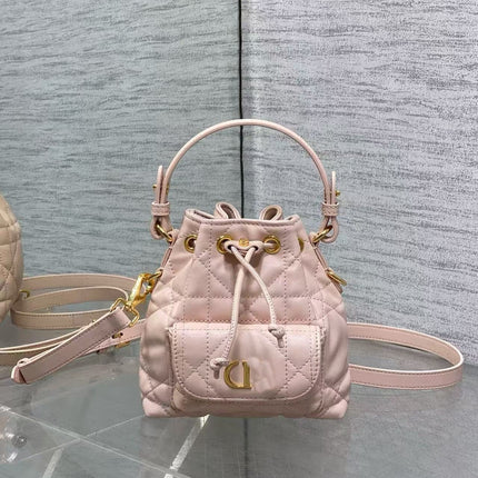 D's Caro Bucket Bag Micro Lambskin Fortune Bucket Rattan Pattern Soft Genuine Leather Women's Bag Fashionable Women's School Bag