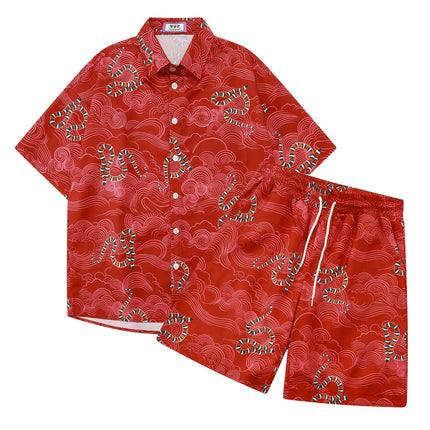 Cross-border Trade Trendy Brand Retro Year of the Snake Xiangyun Loose Beach Shorts Full Print Couple High Street Casual Pants Two-piece Set