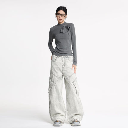 Jiamu American Baggy Silhouette Scimitar Unisex Cargo Pants Casual Pants for Men and Women Loose Wide-Leg Multi-Pocket Pleated