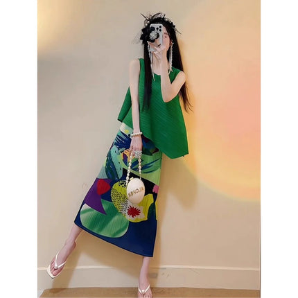 European Fashion Western Style Loose Slim Pleated Green Top Lazy Relaxation Niche suit Skirt