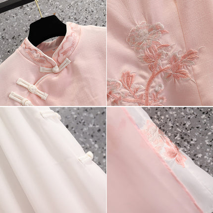 Vintage Chinese Top Set Large Size Chinese Style Seven-point Sleeve Cheongsam Peony Embroidered Gradient Pants Two-piece Set