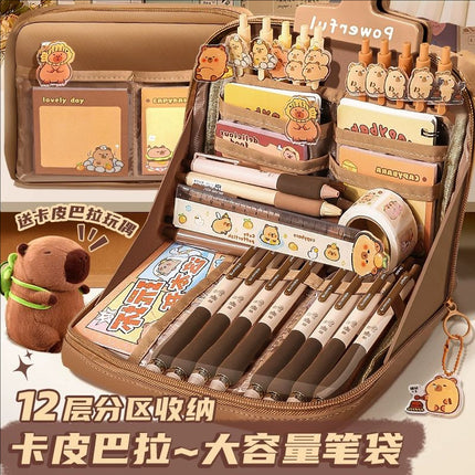 12-Layer Large-Capacity Pencil Bag Kapibara High-Looking Pencil Bag Cute Student Stationery Bag School Supplies Prizes