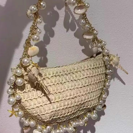 Spring and Summer 2025 New Fairy Pearl Conch Straw Bag Portable Crossbody Bag Small Mobile Phone Bag Hot Girl Y2K Trendy