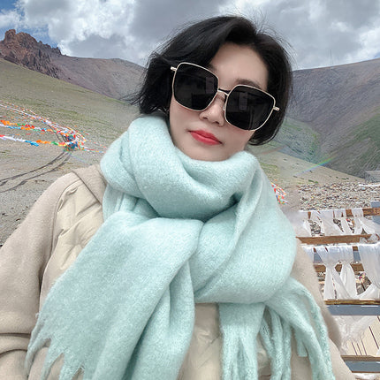 Mohair cold-proof brushed thickened Korean style solid color scarf scarf women's autumn and winter neck protection warm big tassel New