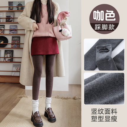 New Autumn and Winter Fleece-Lined Thick Cotton Ribbed Leggings, Gray Footed Warm Pants, High-Waisted Slimming Tights