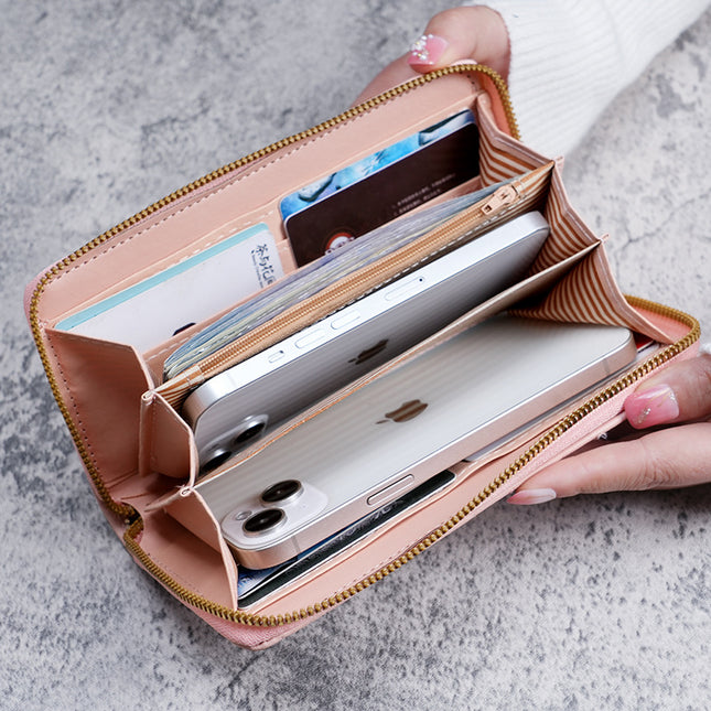 New Women's Wallet Long Single Zipper Solid Color Embroidered Hand Bag Large Capacity Coin Purse Multifunctional Mobile Phone Bag