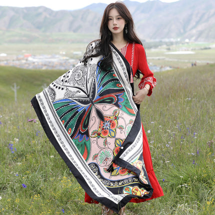 Ethnic Style Printed Silk Scarf Women's Seaside Travel Sun Protection Gauze Air Conditioning Warm Scarf Versatile Long Shawl