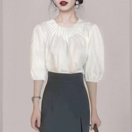 Cross-border 2024 summer new organ pleated neckline bubble sleeve top high waist pleated skirt two-piece suit