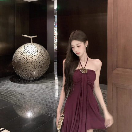 Elegant and Sexy Waist-Cinching French-Style A-Line Short Dress, 2025 Summer New Retro Purple Slim-Fit Dress