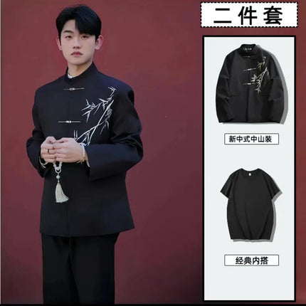 New Chinese Style Chinese Style Casual Suit suit Boys Spring and Autumn Feeling Yuppi Handsome Airplane Buckle Shoulder Pad Ethnic Style Chinese Traditional Suit