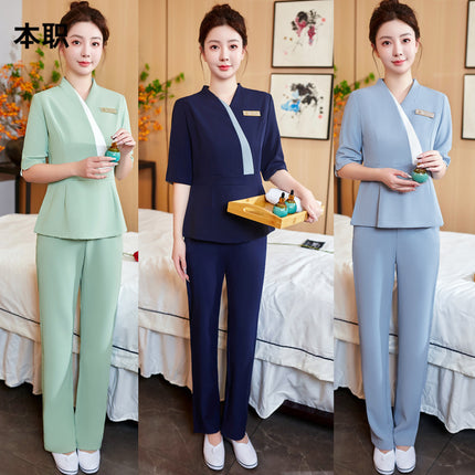 [Beauty Salon Robe] Female Beautician Work Clothes Foot Bath Club Foot Bath Nail Art Autumn and Winter Five-point Sleeve suit