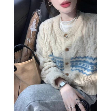 Contrast Jacquard Round Neck Twist Design Knitted Cardigan Autumn and Winter Lazy Style Niche Soft Waxy Sweater Three-piece Suit