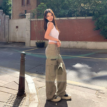 American Style Retro Spring and Summer New Style Spice Girls Wind Middle Waist Loose Multi-Pocket Design Sense Workwear Casual Straight Pants Women's Trendy