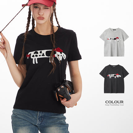 HeyHenry 2025 European and American towel letter embroidery cotton casual T-shirt women's short sleeve versatile round neck top