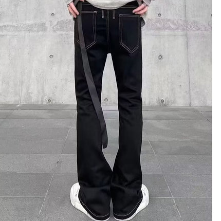 American high street long ribbon micro horn mid-waist jeans men's and women's same straight slim slimming mop long pants