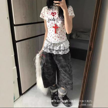 [40-Count Imitation Cotton Rib 1×1] American Retro Dog Paw All-Print T-Shirt Women's Summer Sexy Short Top
